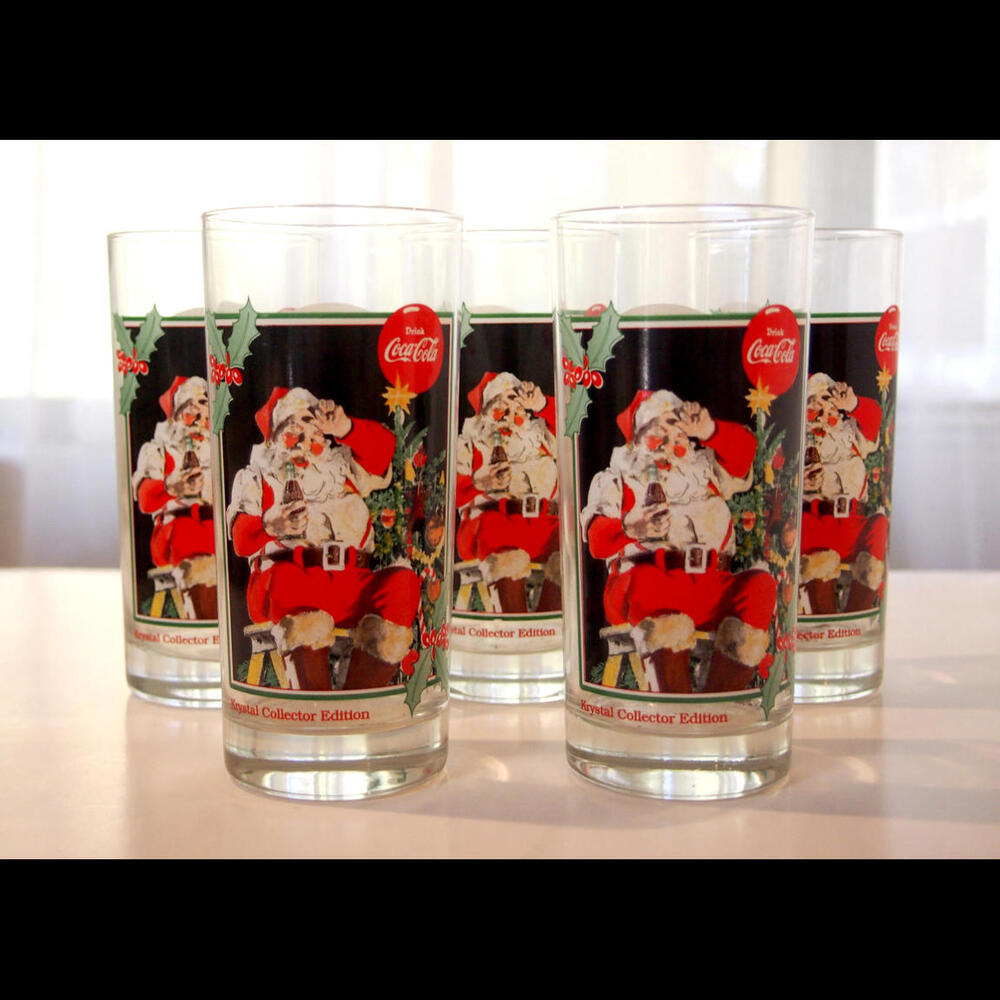 Set of 5 Coca Cola 1995 Santa Claus Krystal Christmas Glasses | Vintage Tumblers